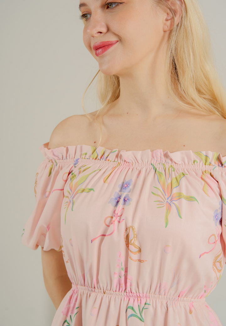 Bloom Off-shoulder Flare Dress(Pink)