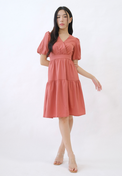 Lea Puffed Sleeves Tiered Hem Dress (Pink)