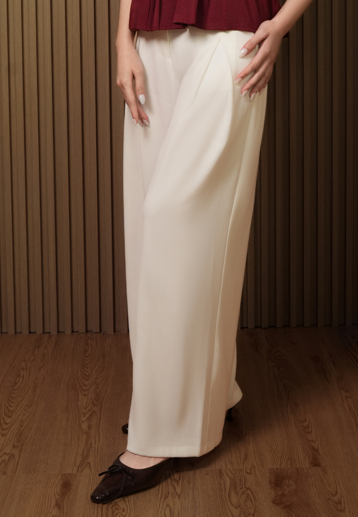 Eika Front Pleats Plaid High Waisted Wide Leg Pants (White)