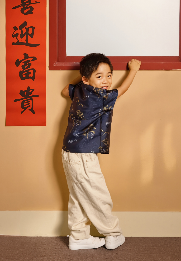 Fu An Ink Mountain Jacquard Boy Samfu Top (Navy)