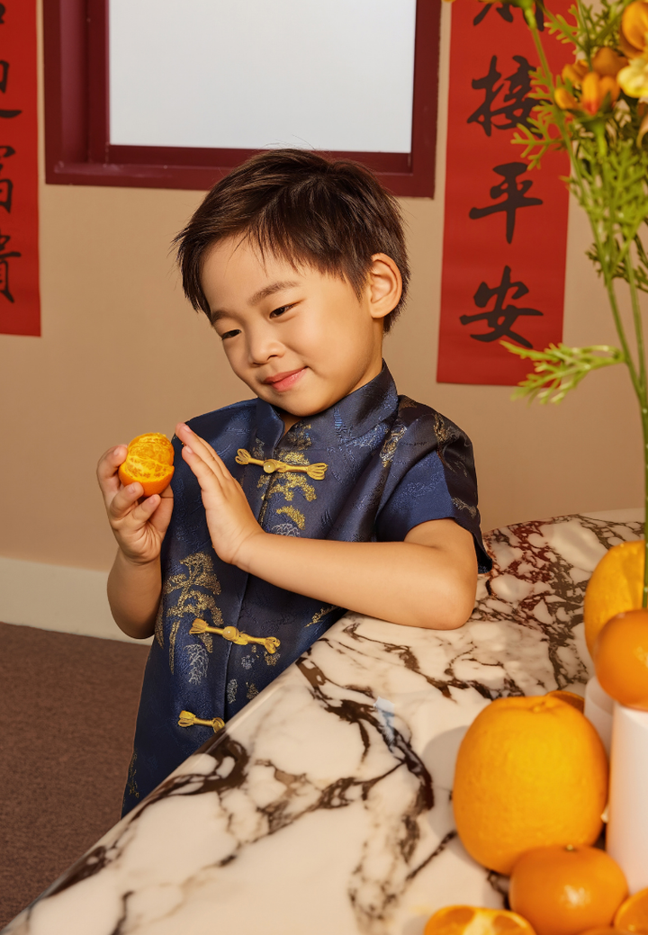 Fu An Ink Mountain Jacquard Boy Samfu Top (Navy)