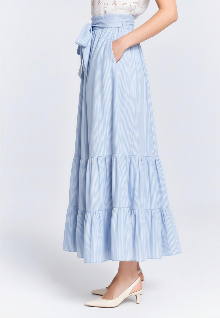 Lily Crinkle Prints Tie Waist Tiered Maxi Skirt (Blue)
