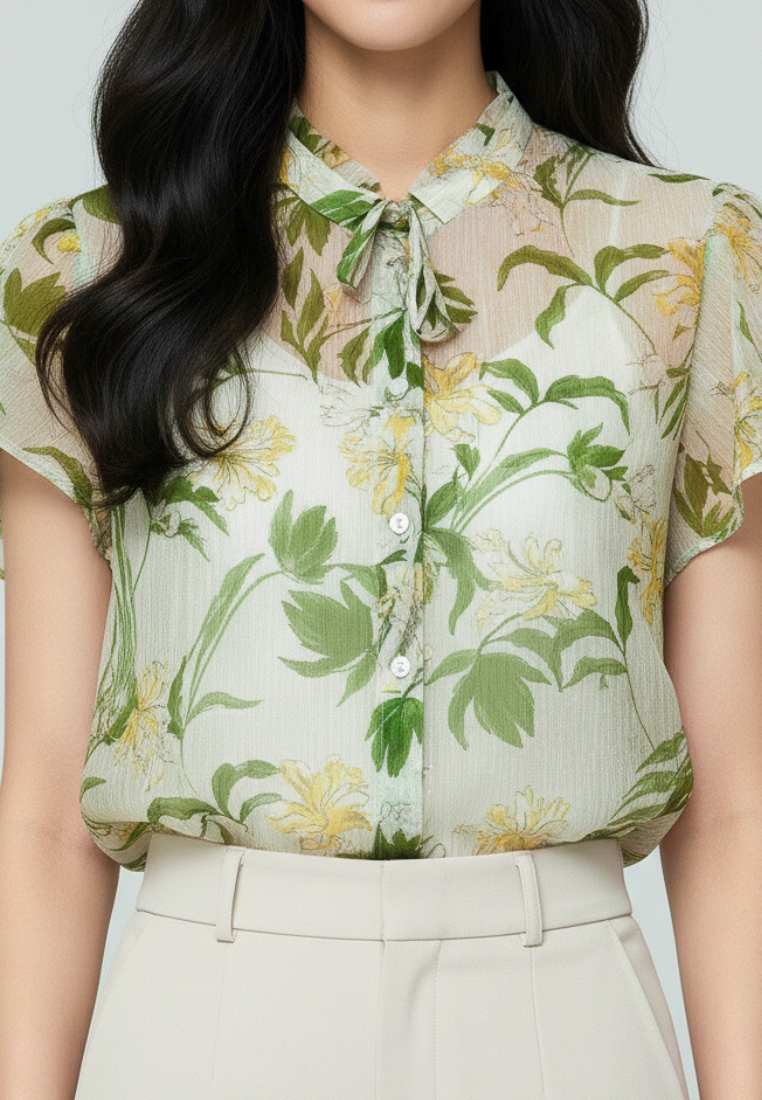Liana Floral Prints Ruffle Collar With Petal Sleeve Top (Green)