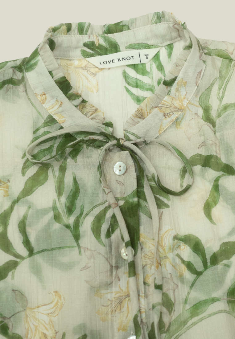 Liana Floral Prints Ruffle Collar With Petal Sleeve Top (Green)