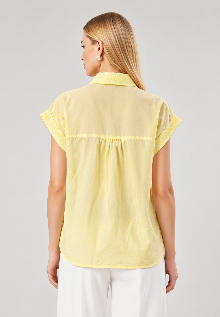 Phoebe Cotton Embroidered Scalloped Hem Button Down Shirt (Yellow)