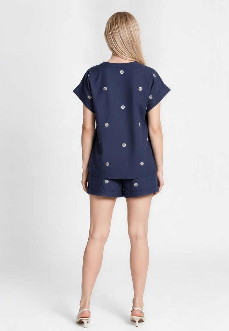 Emma Sequin Embellished V-Neck Cap Sleeve Top (Navy Blue)