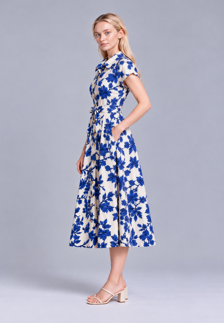 Lila Floral Print Collar Button Down Dress (Blue)