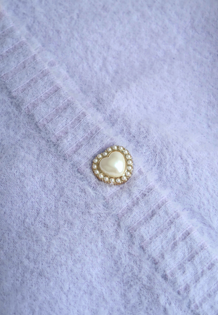 Delora Fuzzy Cardigan With Heart Pearl Buttons (Purple)