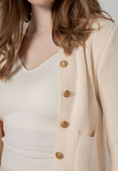 Noemi Gold Buttons Embelished Knitted Cardigan (Cream White)