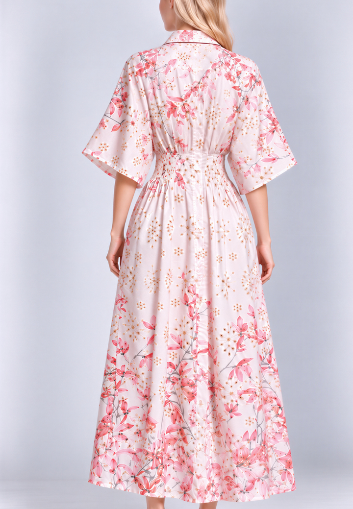 Vanessa Floral Prints Cinched Waist Midi Dress (Pink)