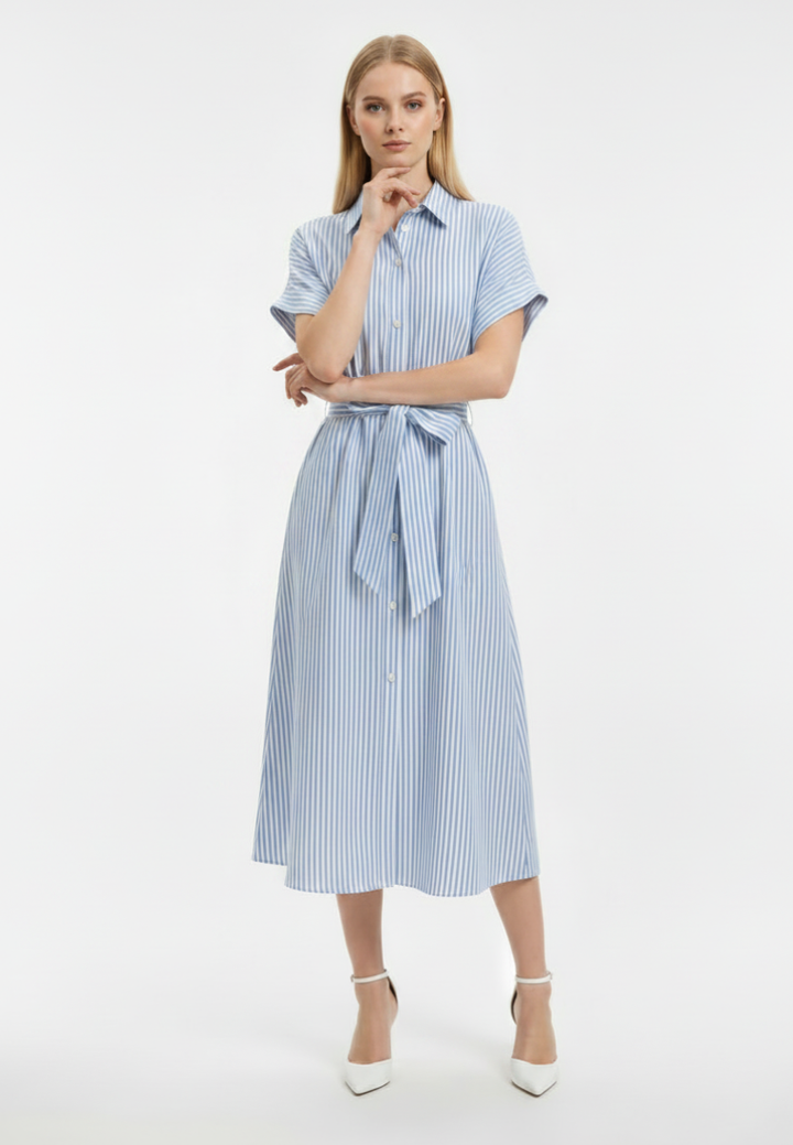 Diana Striped Tie Waist Button Down Midi Dress (Blue)