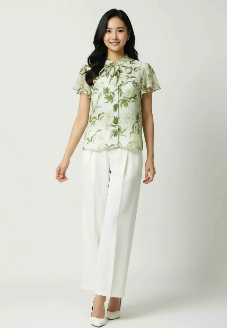 Liana Floral Prints Ruffle Collar With Petal Sleeve Top (Green)