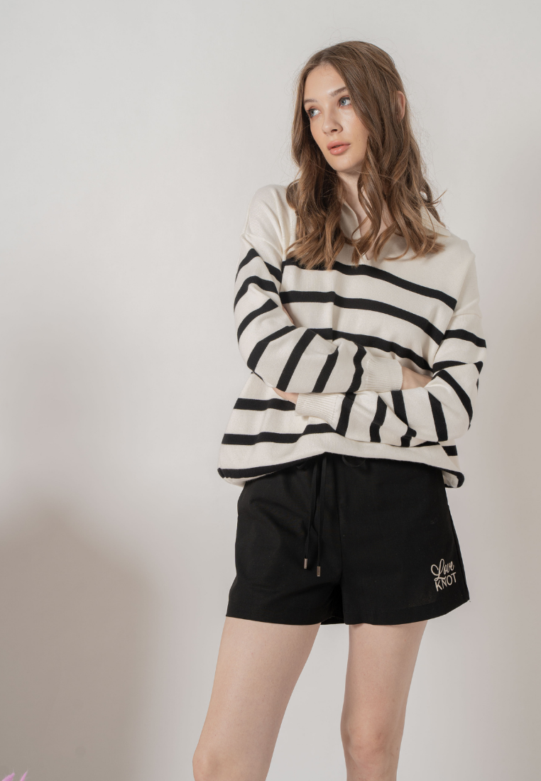 Julia Long Sleeves Striped Knit Sweater Top (White)