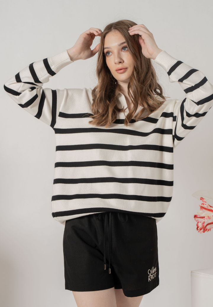 Julia Long Sleeves Striped Knit Sweater Top (White)