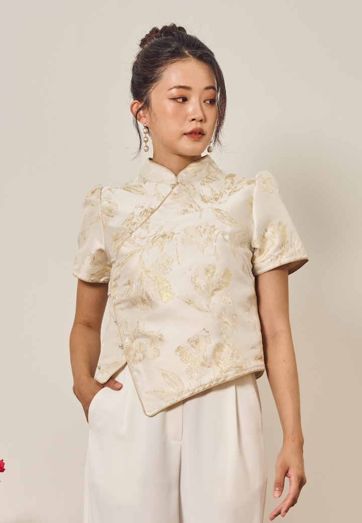 Feng Yi 凤仪 Asymmetrical Cheongsam Top (Yellow)