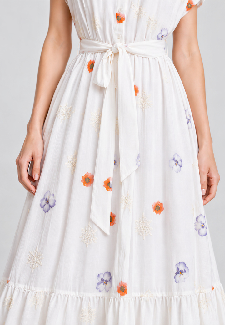 A close-up of a white tiered maxi dress with a matching waist tie belt, featuring embroidered orange and purple flowers and white starburst motifs.