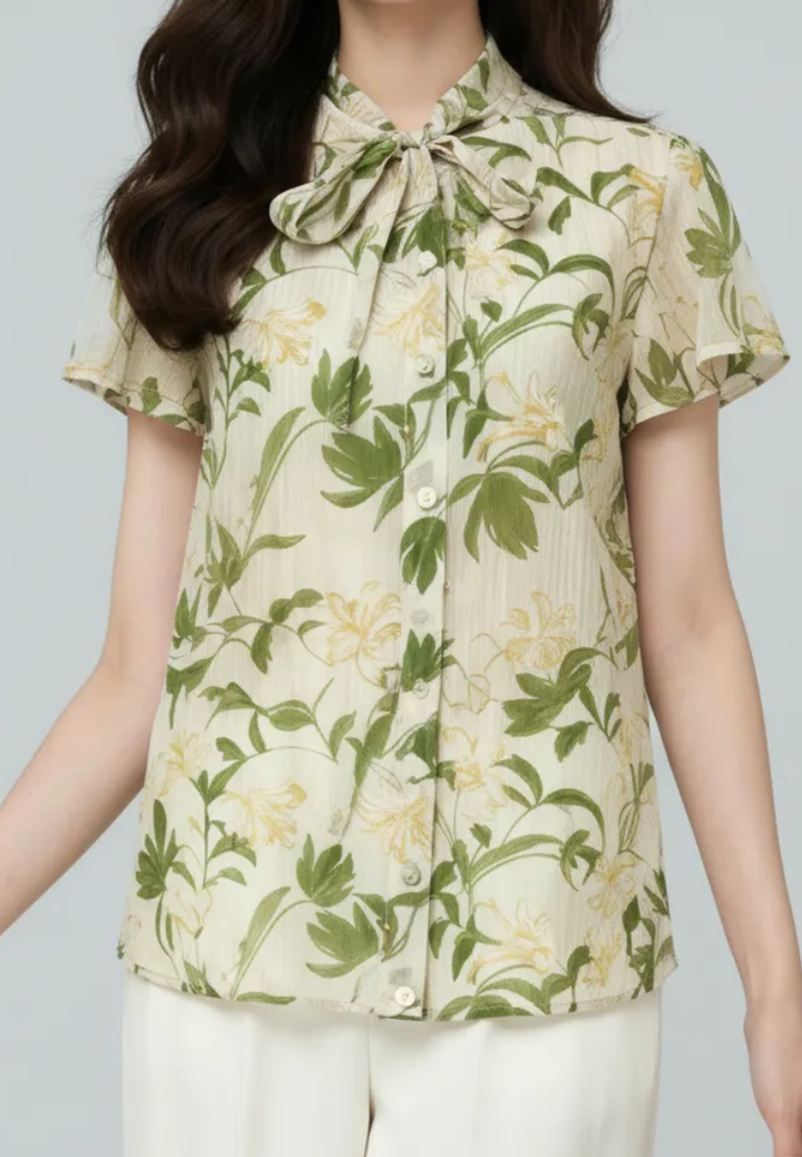 Liana Floral Prints Ruffle Collar With Petal Sleeve Top (Green)