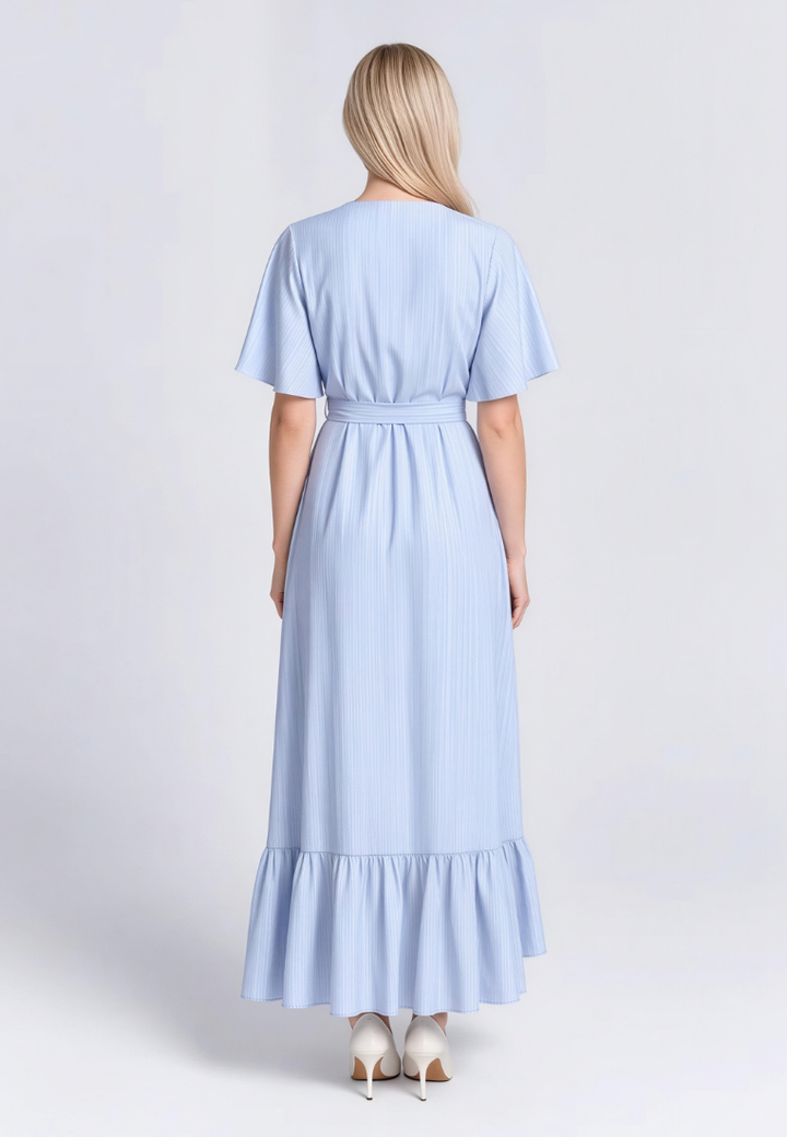 Lillian Crinkle Prints Wrap V-Neck Flutter Sleeve Maxi Dress (Blue)