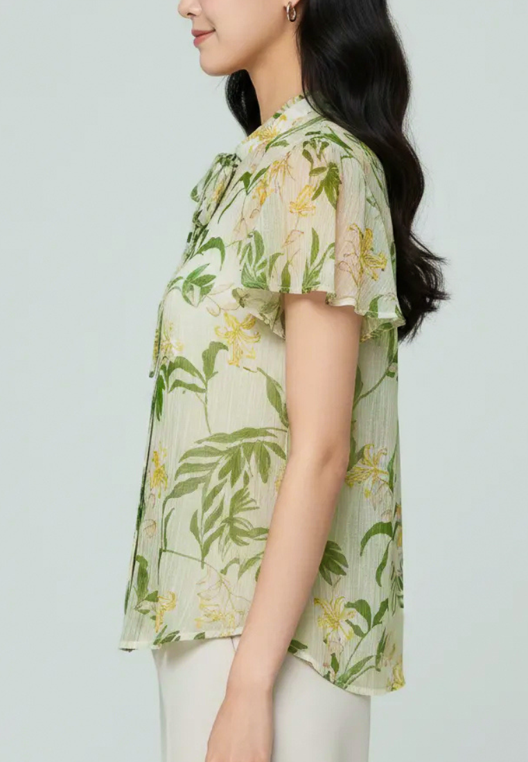 Liana Floral Prints Ruffle Collar With Petal Sleeve Top (Green)