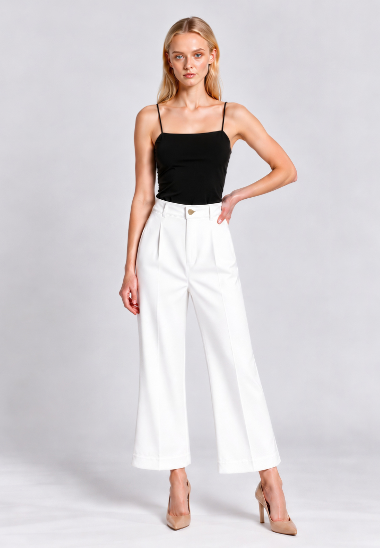 Eleanor Gold Button Wide Leg Pant (White)