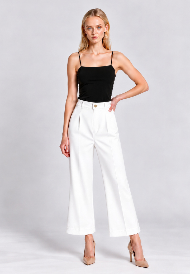 Eleanor Gold Button Wide Leg Pant (White)