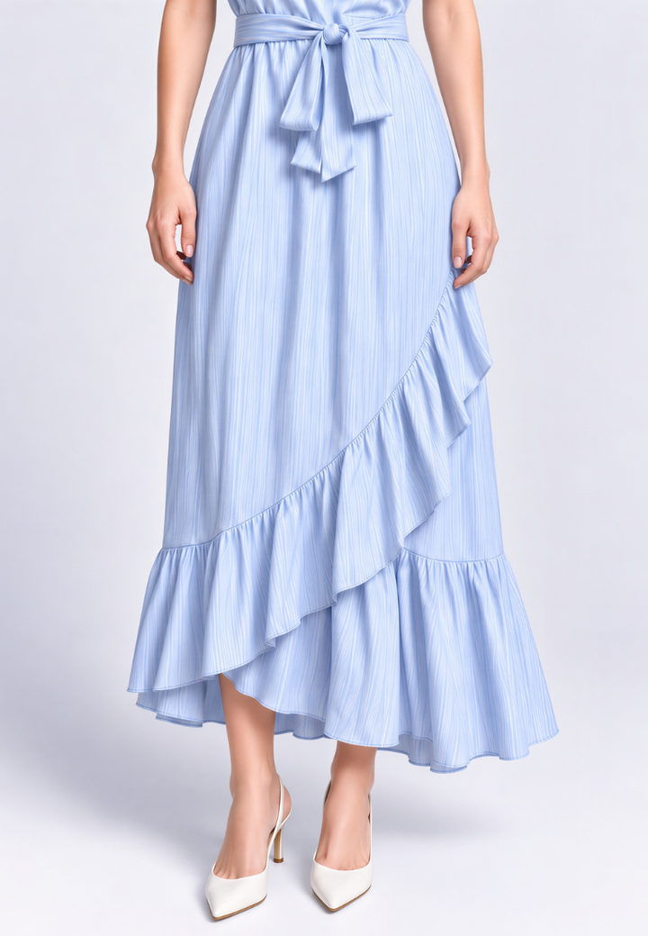 Lillian Crinkle Prints Wrap V-Neck Flutter Sleeve Maxi Dress (Blue)