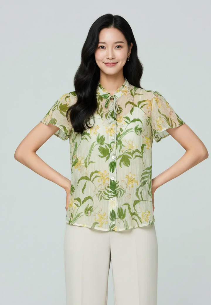 Liana Floral Prints Ruffle Collar With Petal Sleeve Top (Green)