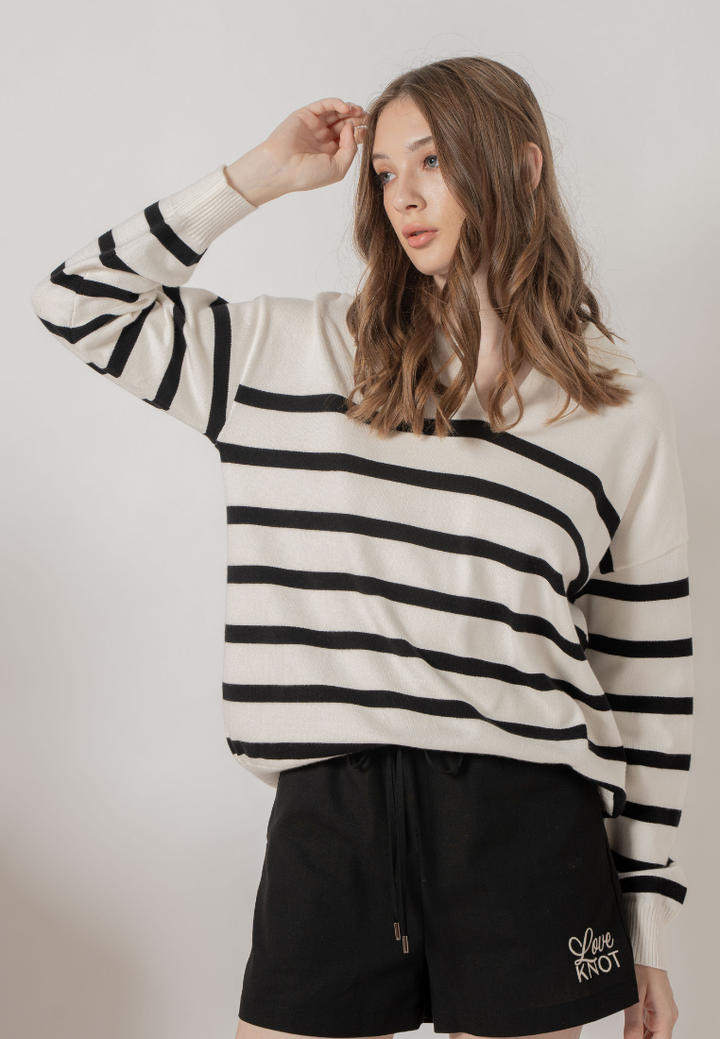 Julia Long Sleeves Striped Knit Sweater Top (White)