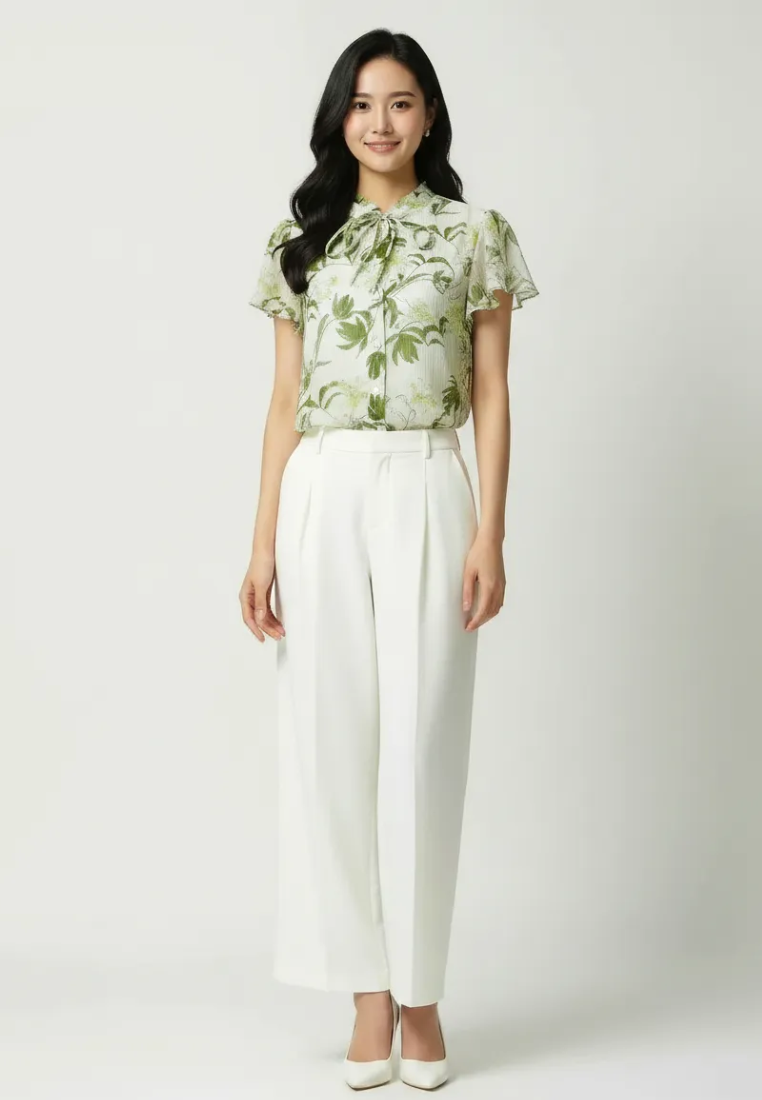 Liana Floral Prints Ruffle Collar With Petal Sleeve Top (Green)