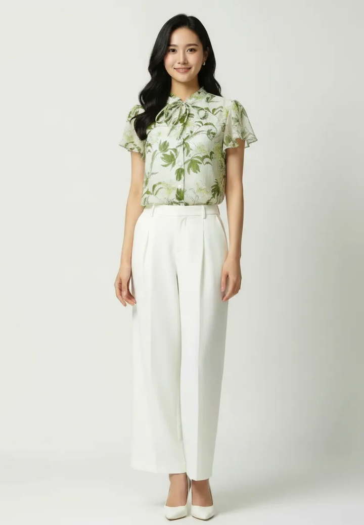 Liana Floral Prints Ruffle Collar With Petal Sleeve Top (Green)