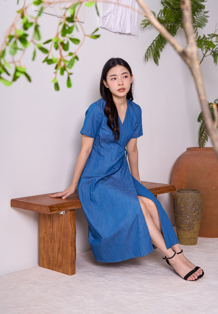 Aubree Cotton Denim Wrap Dress