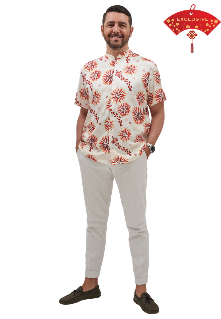 JunHong Men's LK Exclusive Print Button Down Top (White)