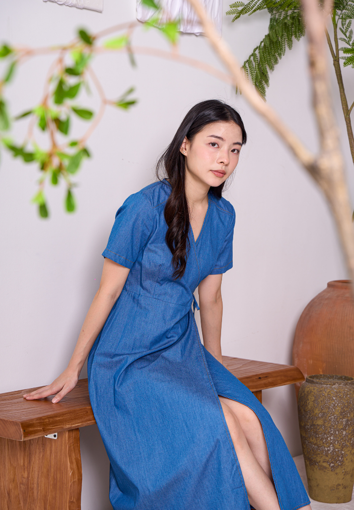 Aubree Cotton Denim Wrap Dress