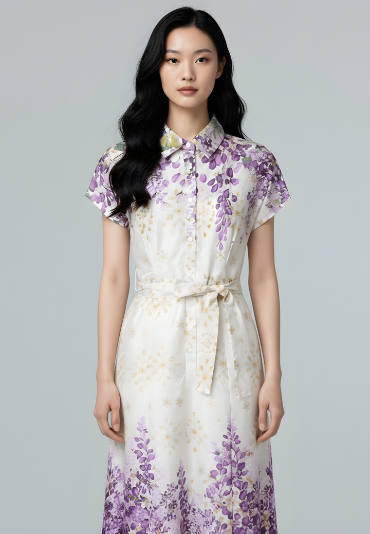 Camellia Cotton Eyelet Floral Prints Button Down A-line Collared Dress (Purple)