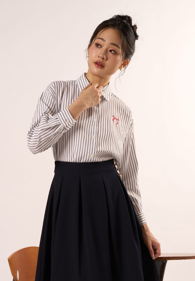 Victoria Striped Ribbon Shirt (White)