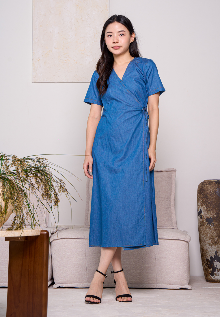 Aubree Cotton Denim Wrap Dress