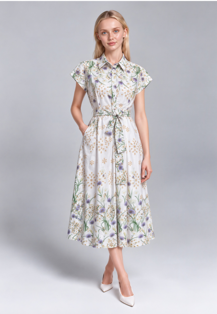 Camellia Cotton Eyelet Floral Prints Button Down A-line Collared Dress (Green)