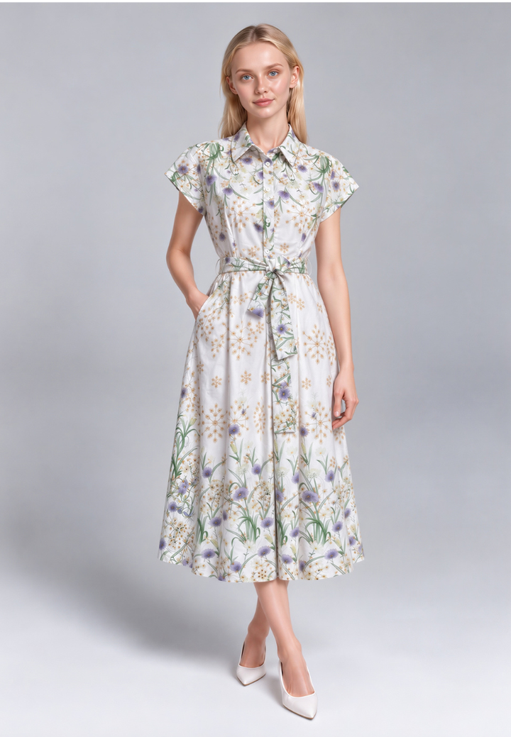 Camellia Cotton Eyelet Floral Prints Button Down A-line Collared Dress (Green)