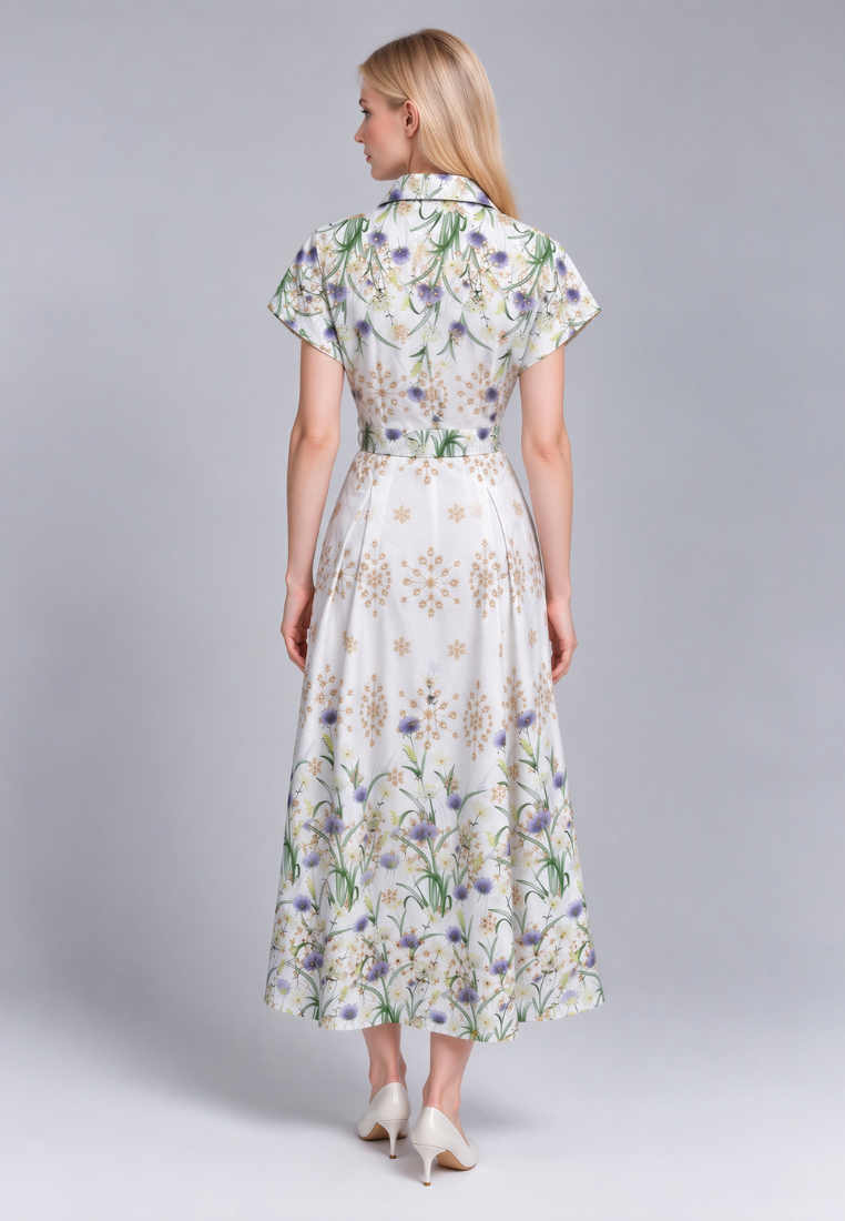 Camellia Cotton Eyelet Floral Prints Button Down A-line Collared Dress (Green)