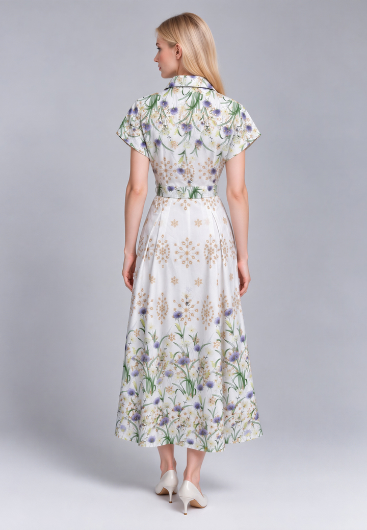 Camellia Cotton Eyelet Floral Prints Button Down A-line Collared Dress (Green)