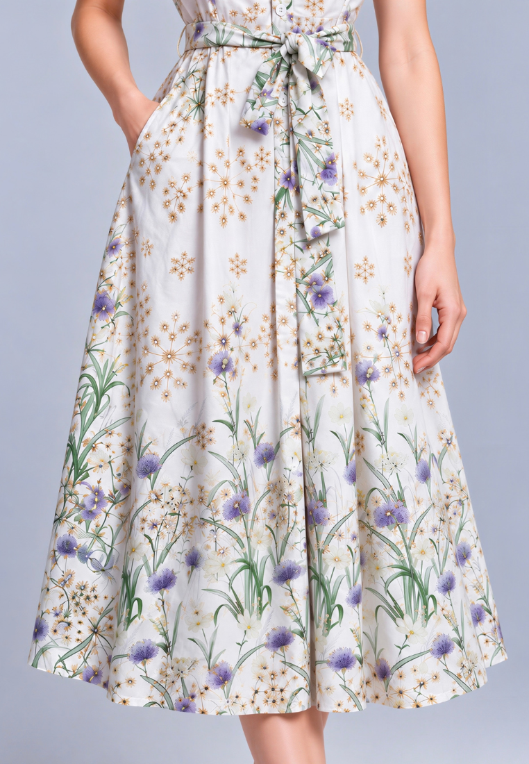 Camellia Cotton Eyelet Floral Prints Button Down A-line Collared Dress (Green)
