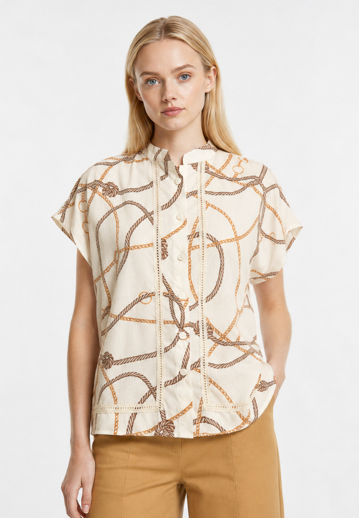 Constance Bridle Print Button Down Blouse Top (Beige)