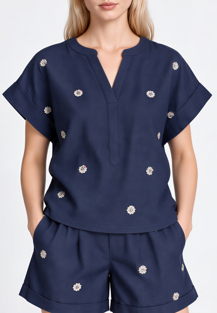 Emma Sequin Embellished V-Neck Cap Sleeve Top (Navy Blue)