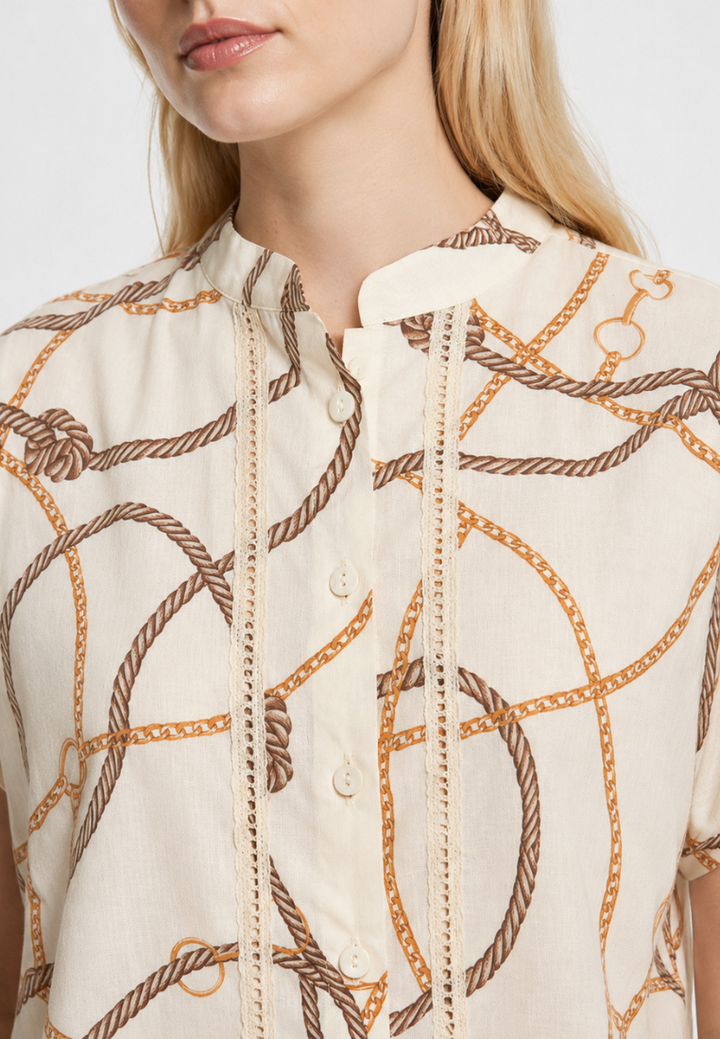 Constance Bridle Print Button Down Blouse Top (Beige)