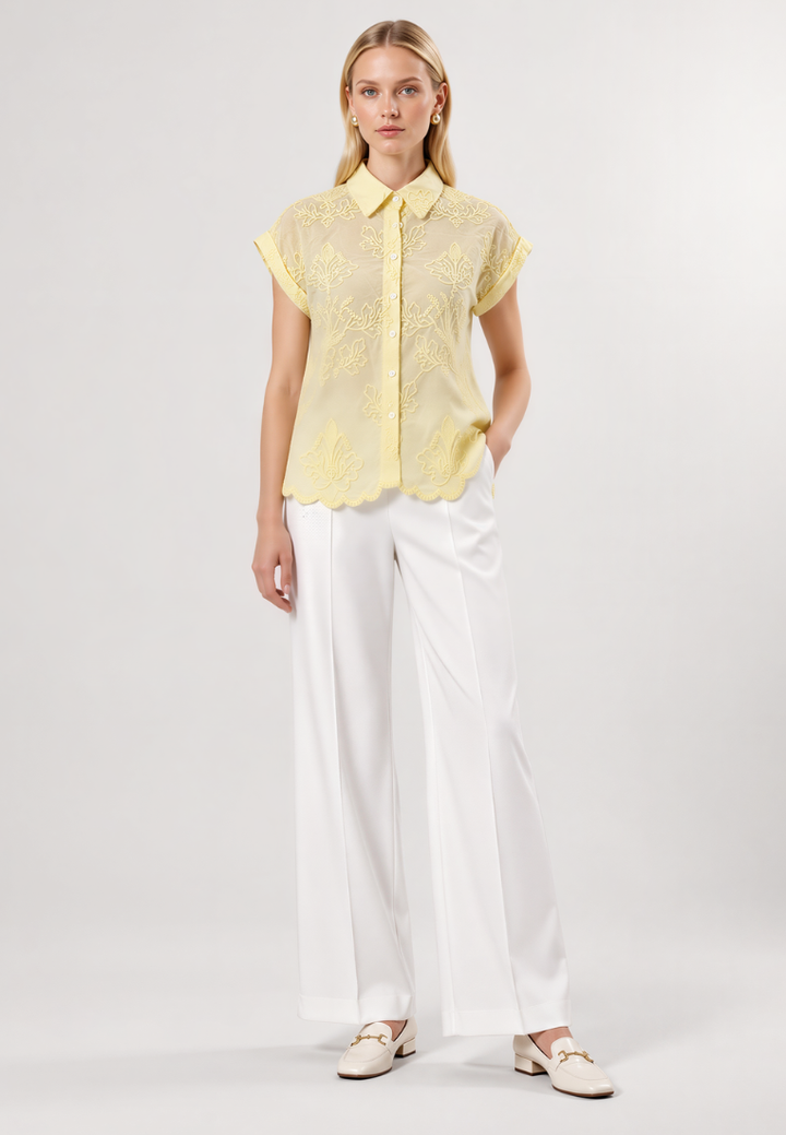 Phoebe Cotton Embroidered Scalloped Hem Button Down Shirt (Yellow)