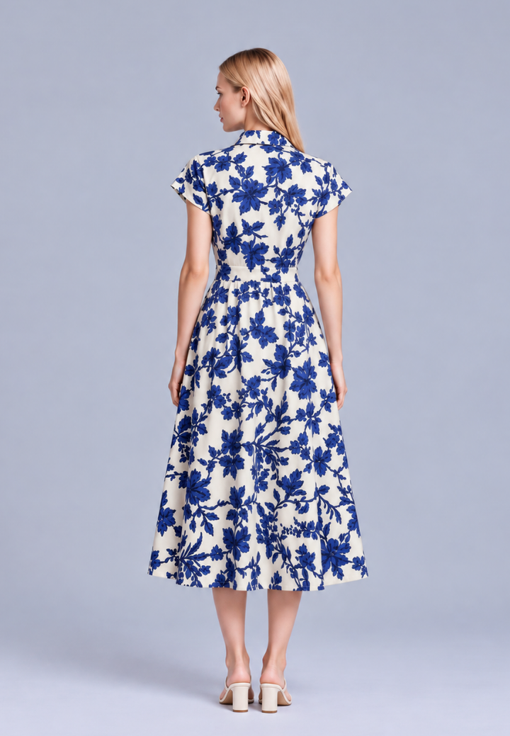 Lila Floral Print Collar Button Down Dress (Blue)