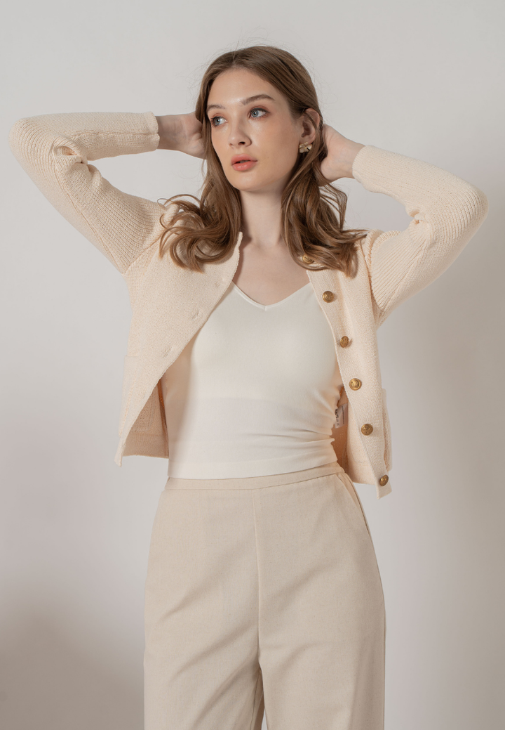 Noemi Gold Buttons Embelished Knitted Cardigan (Cream White)