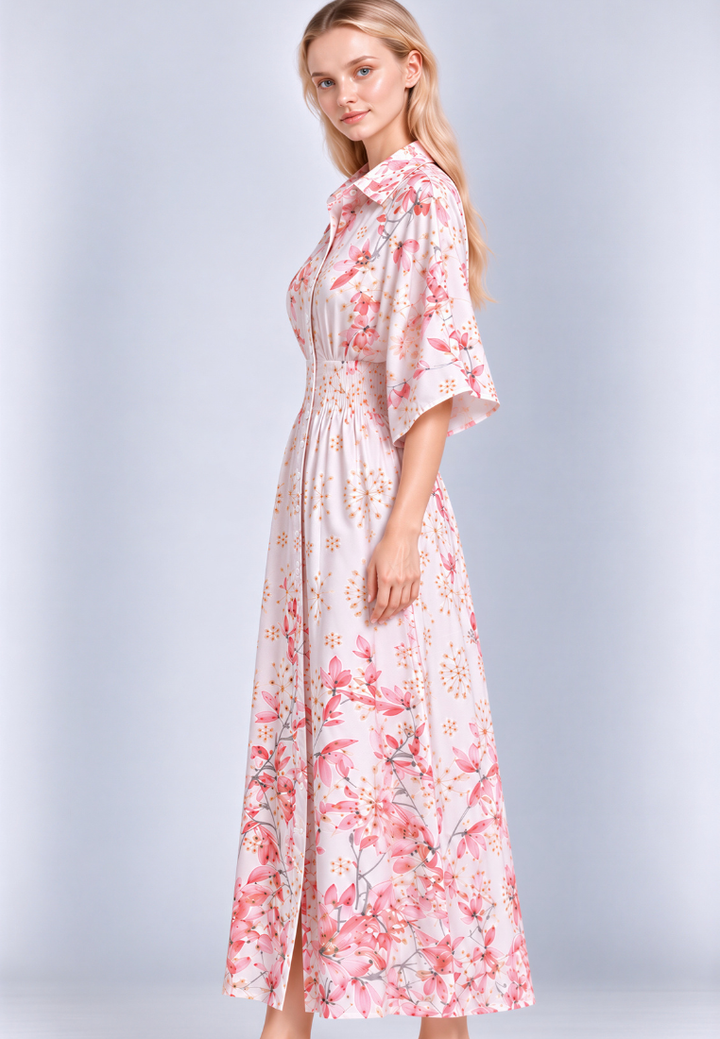 Vanessa Floral Prints Cinched Waist Midi Dress (Pink)
