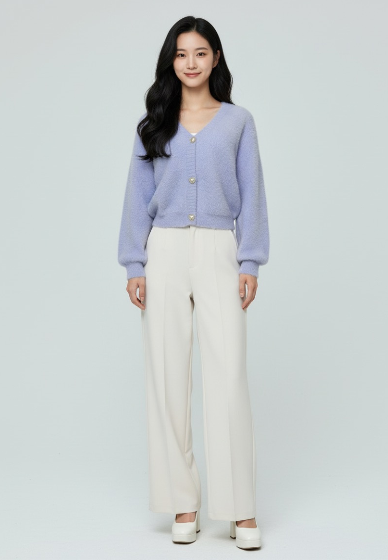 Delora Fuzzy Cardigan With Heart Pearl Buttons (Purple)