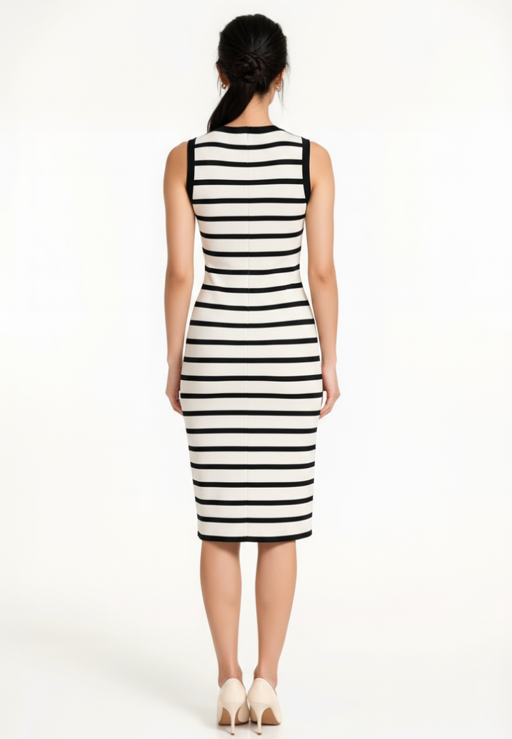 Nolly Knitted Stripe Faux Button Dress (White)